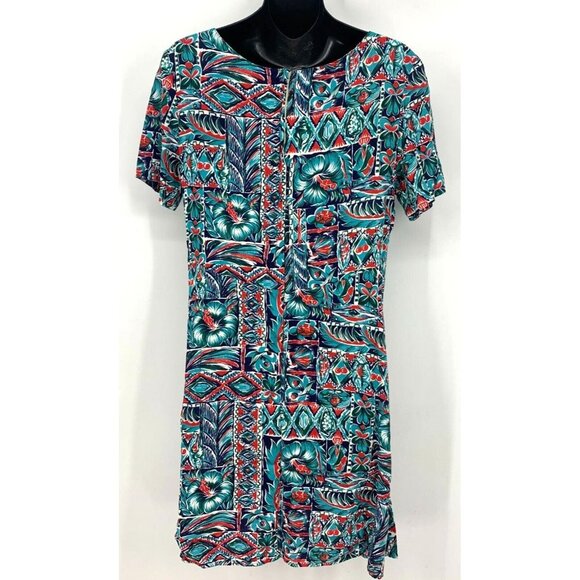 Joe Kealoha Women Dress Size Medium M Teal Blue Aloha Shift Short Sleeve Zip - Picture 3 of 6